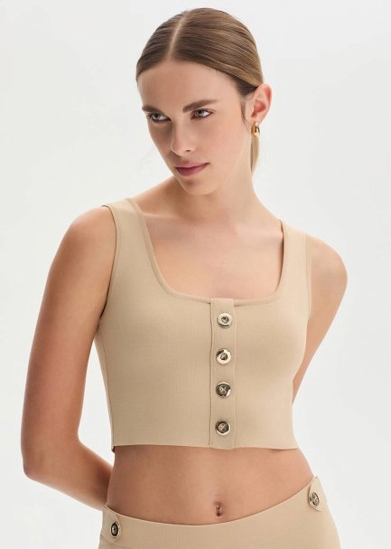 Bej Crop Triko Üst - 1