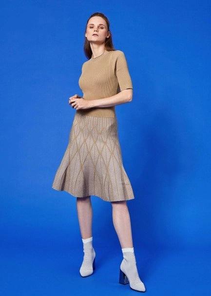 Bej Dizaltı Kloş Lurex Triko Elbise - 4