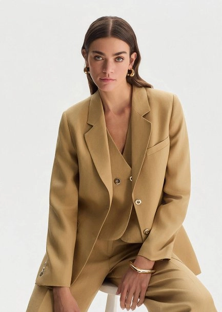 Bej Keten Blazer Ceket - 1