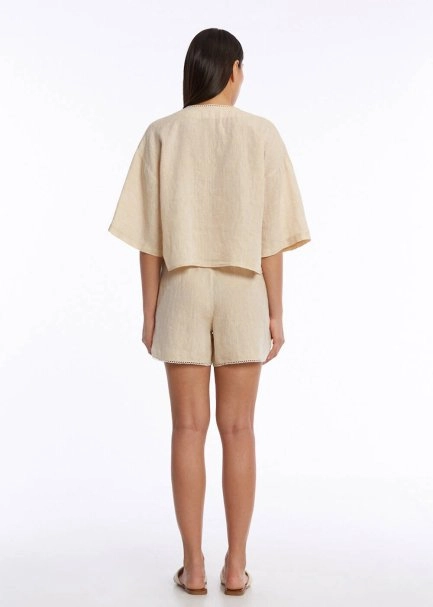 Bej Kontrast Detaylı Keten Üst - 5
