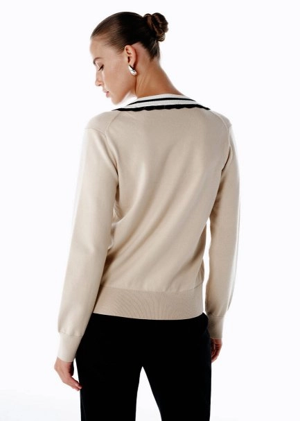 Bej Kontrast Şeritli V Yaka Triko - 5