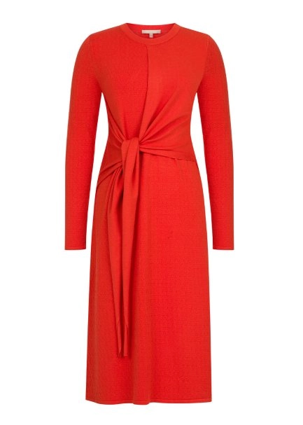 Belden Bağlamalı Uzun AÇIK Kırmızı Triko Elbise - 6