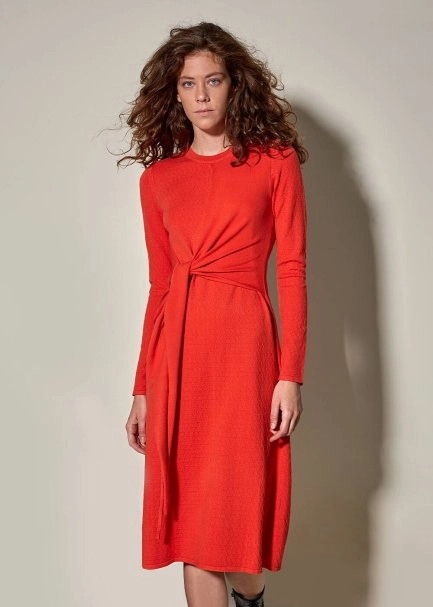 Belden Bağlamalı Uzun AÇIK Kırmızı Triko Elbise - 1