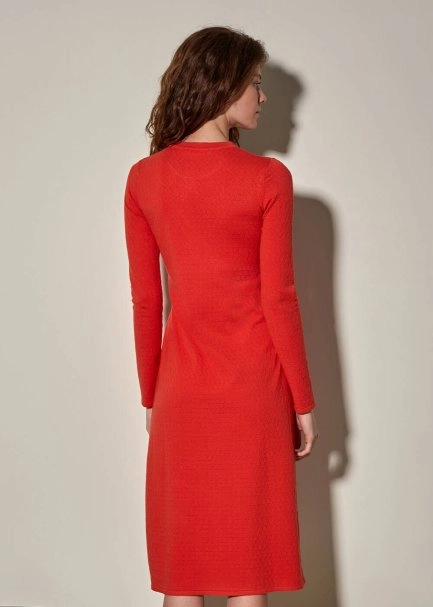 Belden Bağlamalı Uzun AÇIK Kırmızı Triko Elbise - 3
