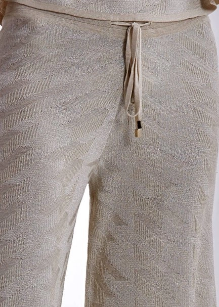 Ketenli Lurexli Desenlı Bej Triko Pantolon - 5