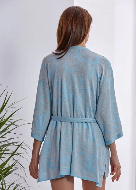 Belden Bağlı Parıltılı Mavi Desenli Kimono - 3