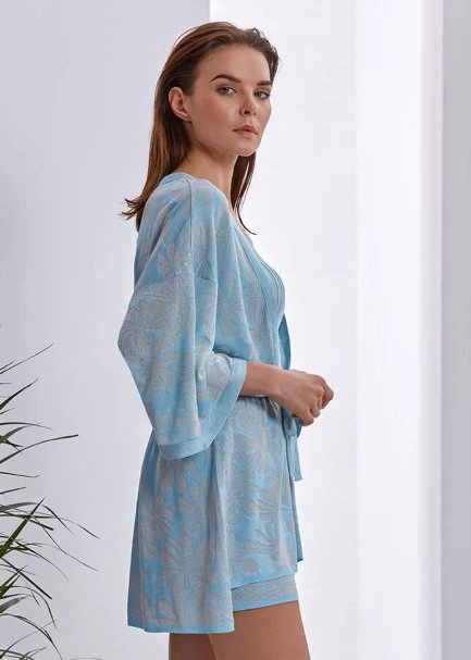 Belden Bağlı Parıltılı Mavi Desenli Kimono - 4