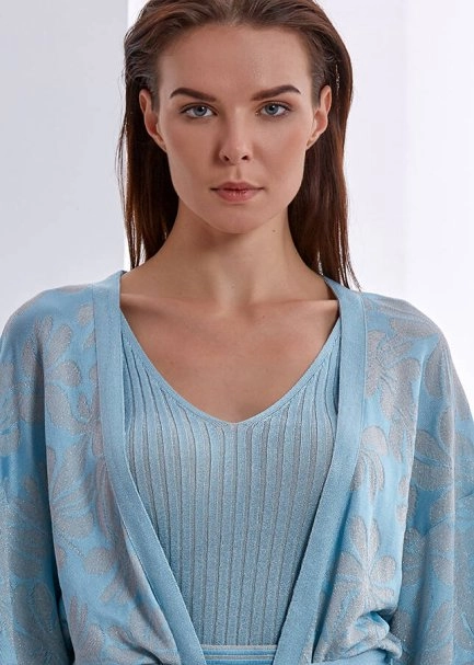 Belden Bağlı Parıltılı Mavi Desenli Kimono - 5