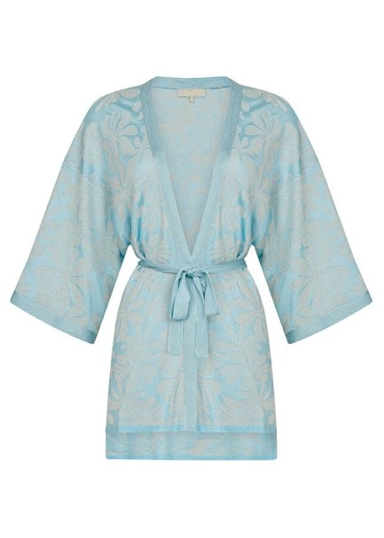 Belden Bağlı Parıltılı Mavi Desenli Kimono - 6
