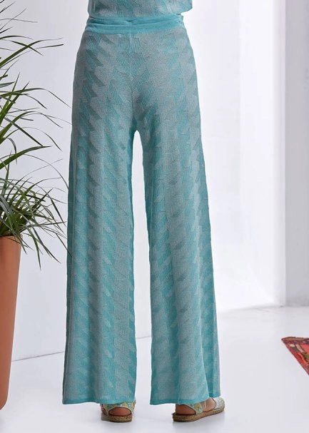 Ketenli Lurexli Desenlı Mavi Triko Pantolon - 3