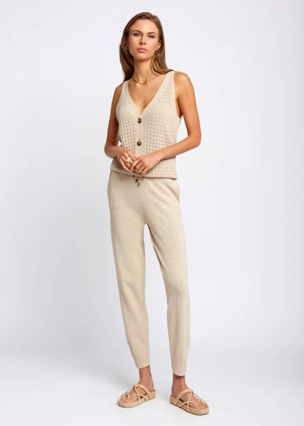 Beli Bağcıklı Bej Triko Jogging Pantolon - 5
