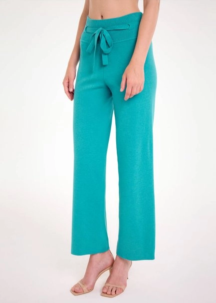 Beli Bağcıklı Turkuaz Triko Pantolon - 3