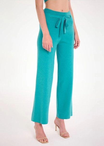 Beli Bağcıklı Turkuaz Triko Pantolon - 4