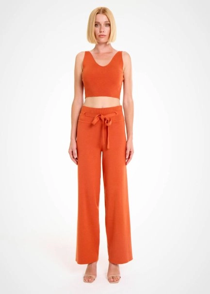 Beli Bağcıklı Turuncu Triko Pantolon - 2