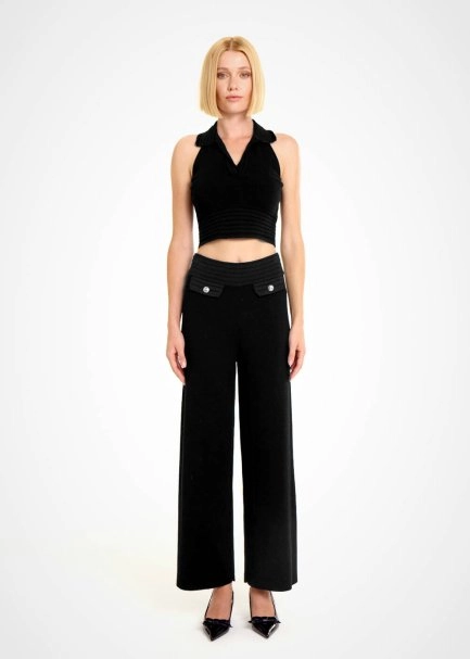 BELT DETAILED BLACK KNIT PANTS - 2