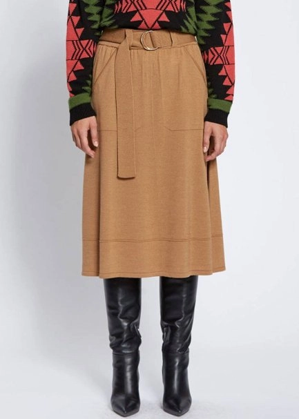 Belt Detailed Merino Wool Camel Knit Skirt - 1
