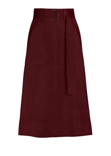 Belt Detailed Merino Wool Wine Knit Skirt - 6