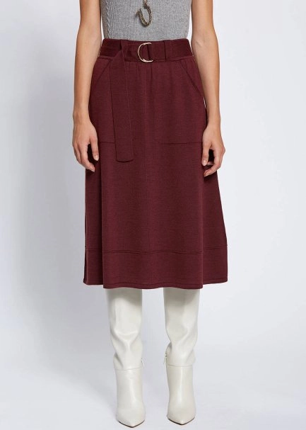 Belt Detailed Merino Wool Wine Knit Skirt - 2