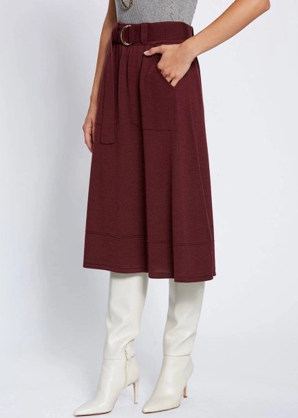 Belt Detailed Merino Wool Wine Knit Skirt - 3