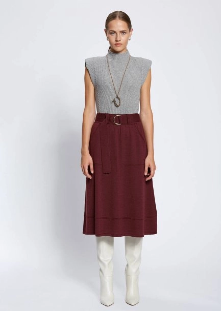 Belt Detailed Merino Wool Wine Knit Skirt - 1