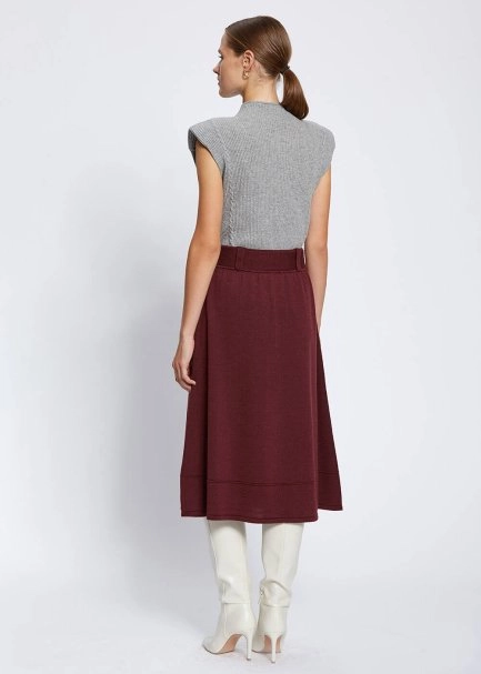 Belt Detailed Merino Wool Wine Knit Skirt - 5
