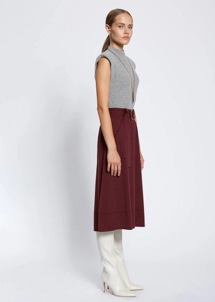 Belt Detailed Merino Wool Wine Knit Skirt - 4