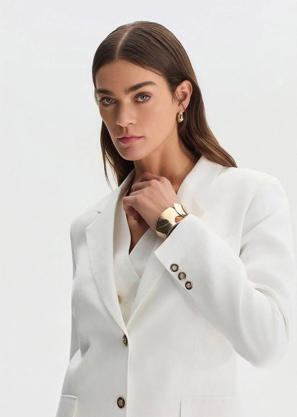 Beyaz Keten Blazer Ceket - 4