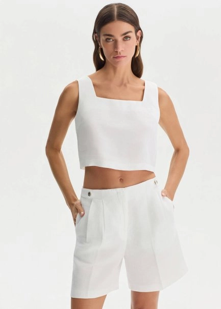 Beyaz Keten Crop Üst - 3