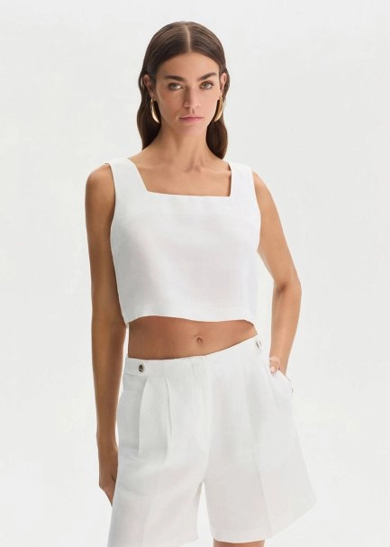 Beyaz Keten Crop Üst - 1