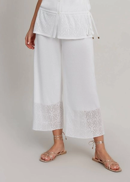 Beyaz Yazlık Crop Triko Pantolon - 5