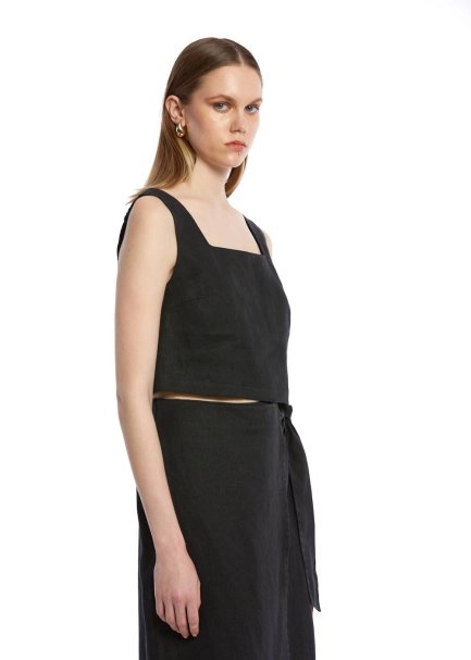 BLACK LINEN CROP TOP - 3