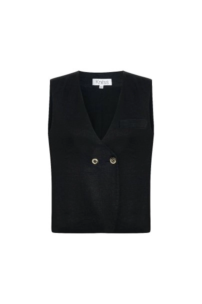 BLACK LINEN DOUBLE BUTTON VEST - 6