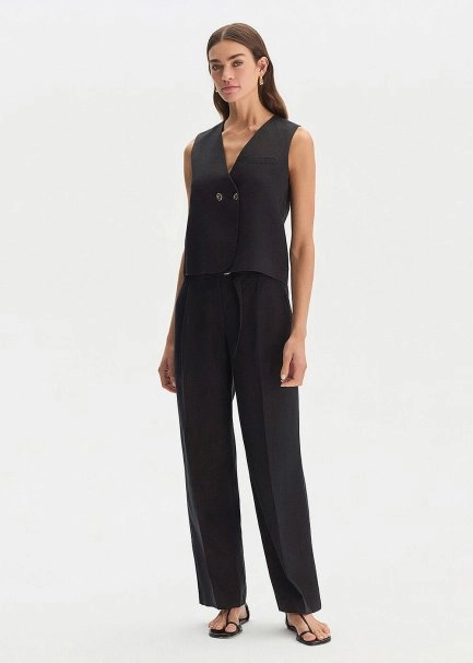 BLACK LINEN PLEATED PANTS - 2