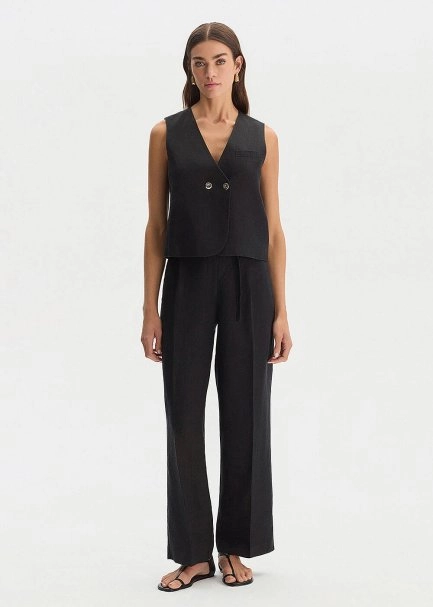 BLACK LINEN PLEATED PANTS - 1