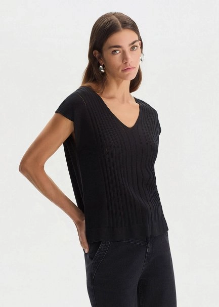 BLACK SILK BLEND KNIT TOP - 3