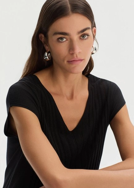 BLACK SILK BLEND KNIT TOP - 4