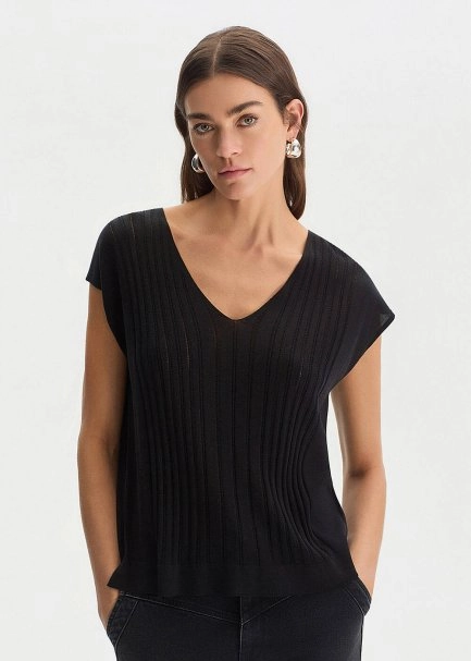 BLACK SILK BLEND KNIT TOP - 1