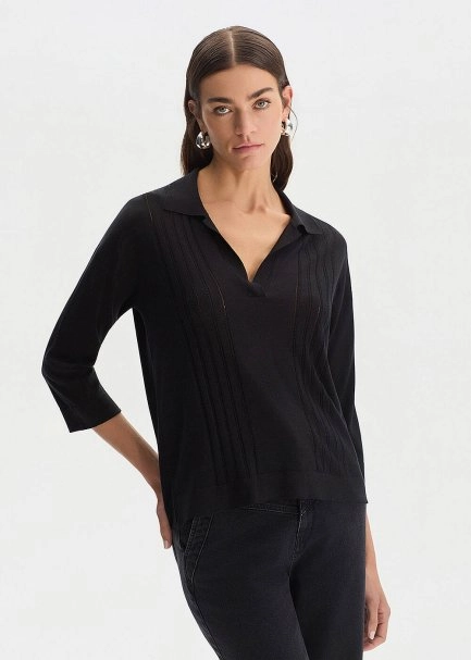 BLACK SILK BLEND POLO NECK SWEATER - 3
