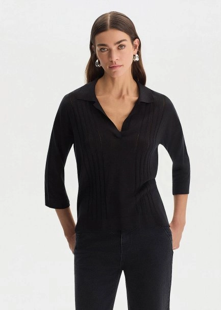 BLACK SILK BLEND POLO NECK SWEATER - 1