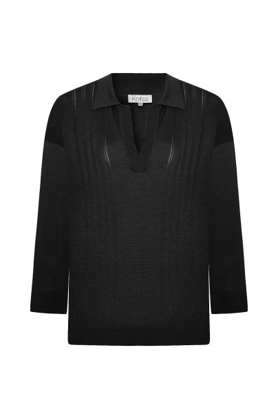 BLACK SILK BLEND POLO NECK SWEATER - 6