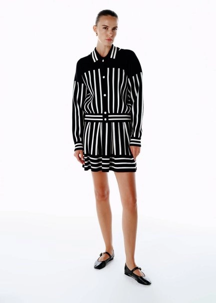 BLACK WHITE CONTRAST STRIPED KNIT BOMBER JACKET - 2