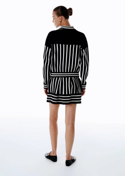 BLACK WHITE CONTRAST STRIPED KNIT BOMBER JACKET - 5
