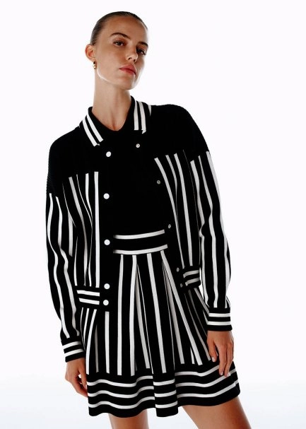 BLACK WHITE CONTRAST STRIPED KNIT BOMBER JACKET - 4