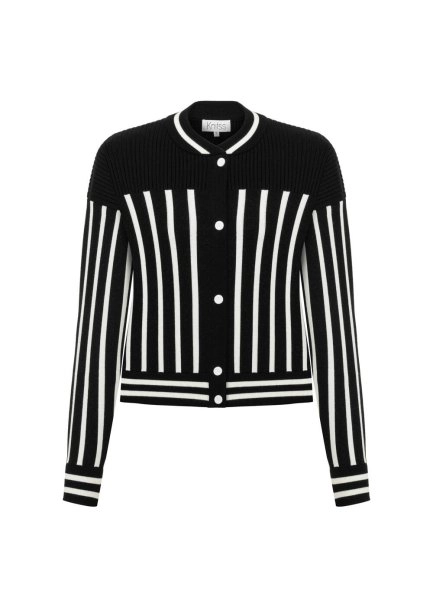 BLACK WHITE CONTRAST STRIPED KNIT BOMBER JACKET - 6