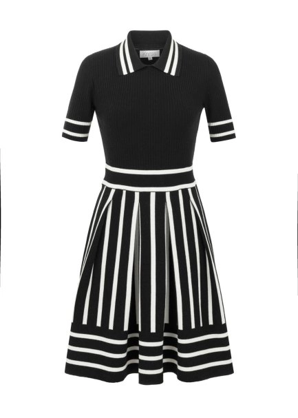 BLACK WHITE CONTRAST STRIPED PLEATED KNIT DRESS - 6