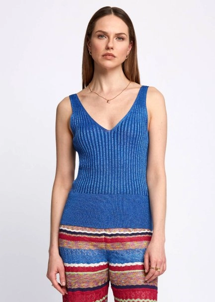 Blue Sleeveless Knit Tank Top - 1