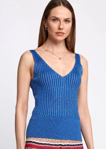 Blue Sleeveless Knit Tank Top - 6