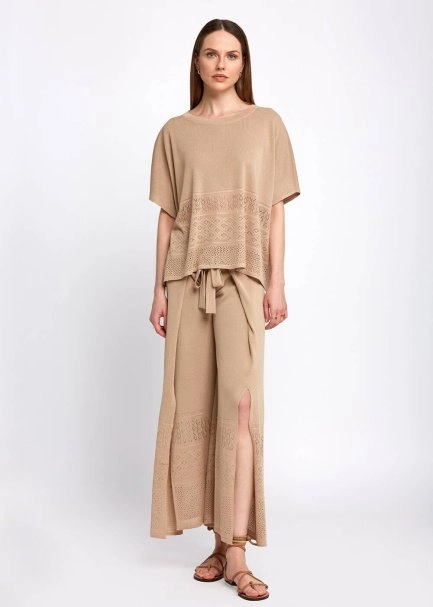 Bohem Tarz Crop Bej Triko Pantolon - 2