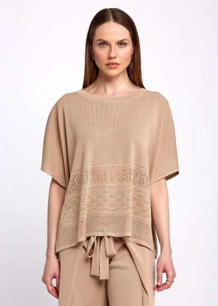 Bohem Tarz Oversize Bej Triko Üst - 1