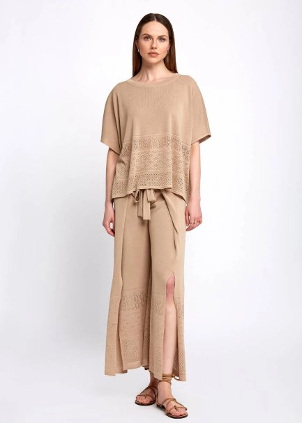 Bohem Tarz Oversize Bej Triko Üst - 2